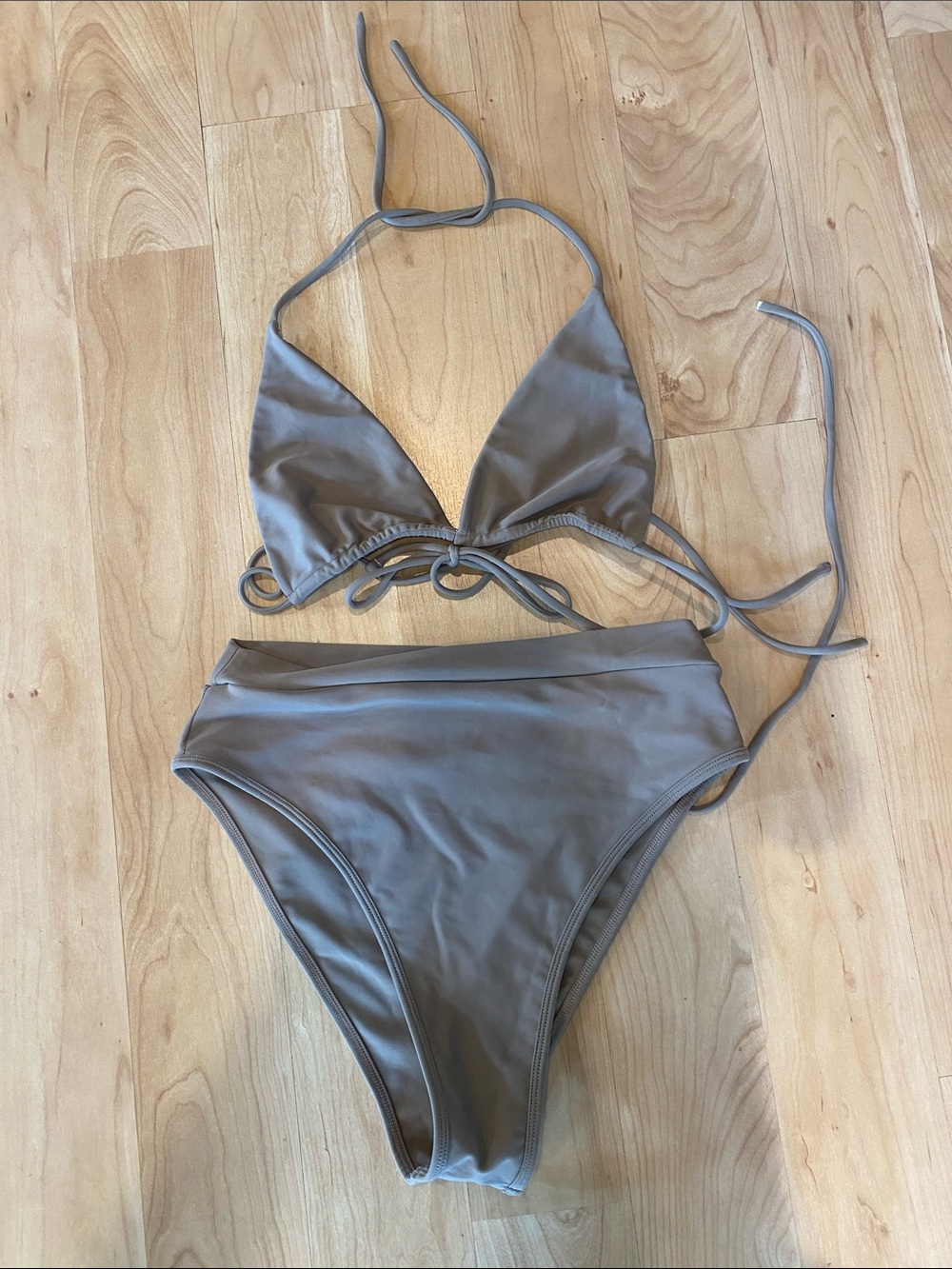 Sivan Ayla Tan + Lines Triangle High-Waist Bikini Set Taupe - Large